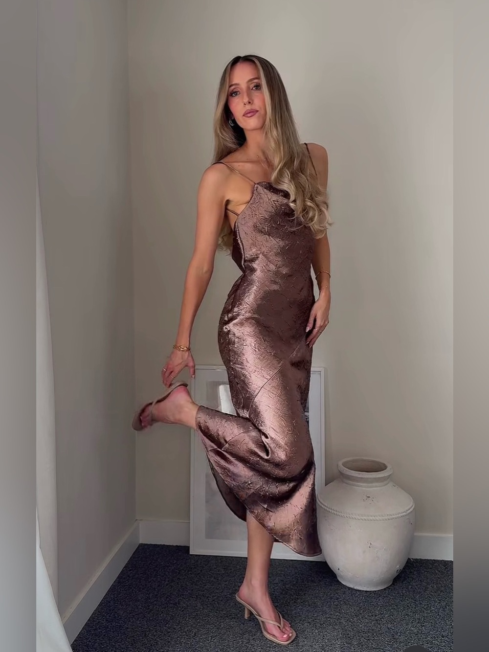 Sleek Zara metallic bronze slip maxi with thin spaghetti straps NWT